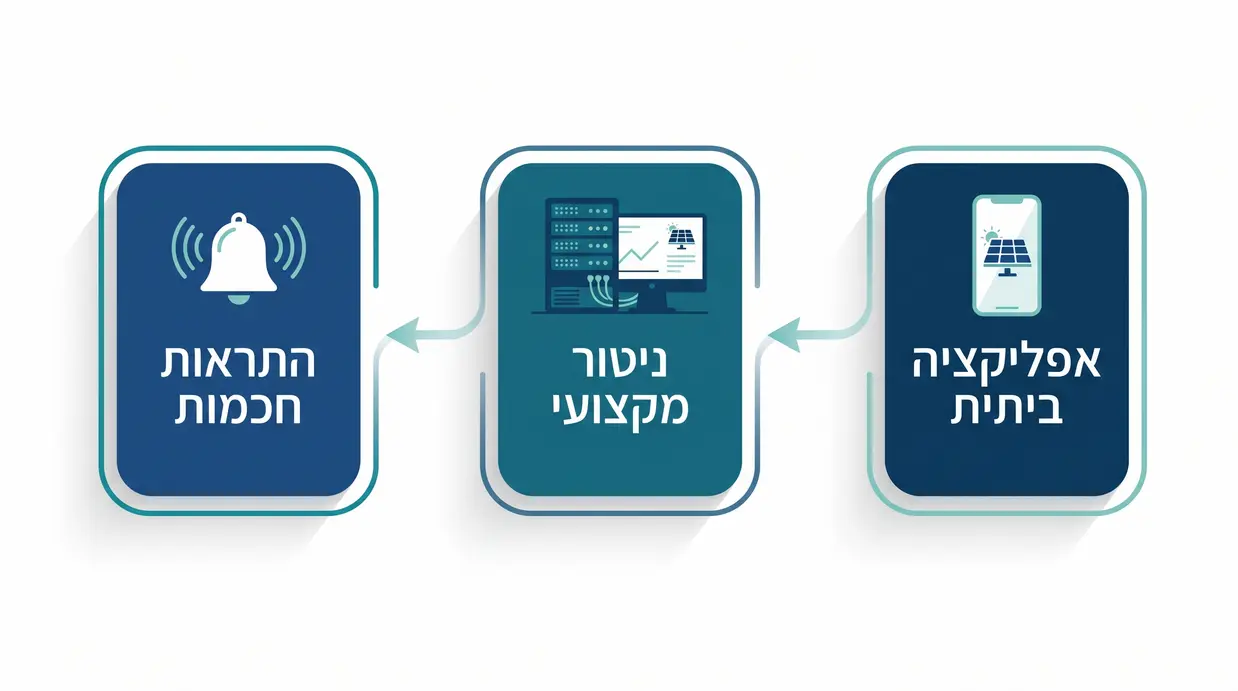 אינפוגרפיקה בעברית המדגימה הבדל בין אפליקציה ביתית לניטור מקצועי והתראות חכמות במערכת סולארית