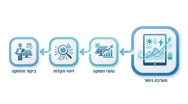תרשים סכמטי המציג חיבור בין מערכת ניטור סולארית, נתוני תפוקה, זיהוי תקלות ותזמון ביקור תחזוקה
