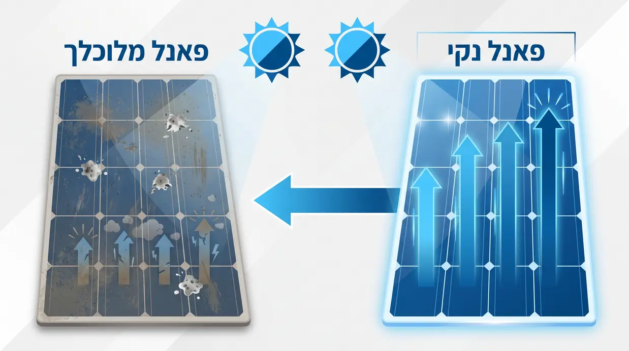 השוואה ויזואלית בין פאנל סולארי נקי לפאנל מלוכלך ותפוקת החשמל שלהם