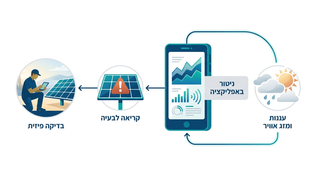 אינפוגרפיקה הממחישה קשר בין ניטור באפליקציה, מזג אוויר והחלטה על בדיקה פיזית למערכת סולארית