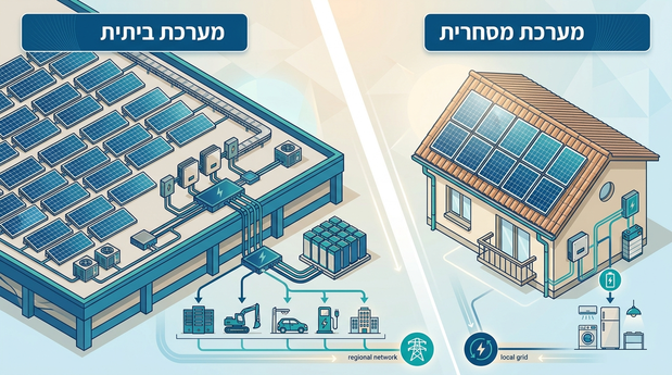 השוואה ויזואלית בין מערכת סולארית ביתית על גג רעפים למערכת מסחרית על גג תעשייתי