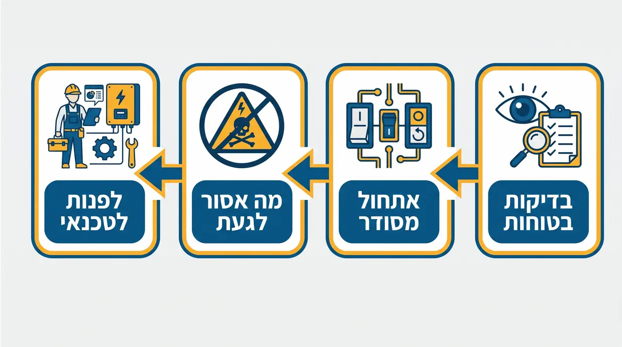 אינפוגרפיקה בעברית המציגה שלבים בטוחים לבדיקה ואתחול ממיר סולארי ומה אסור לעשות
