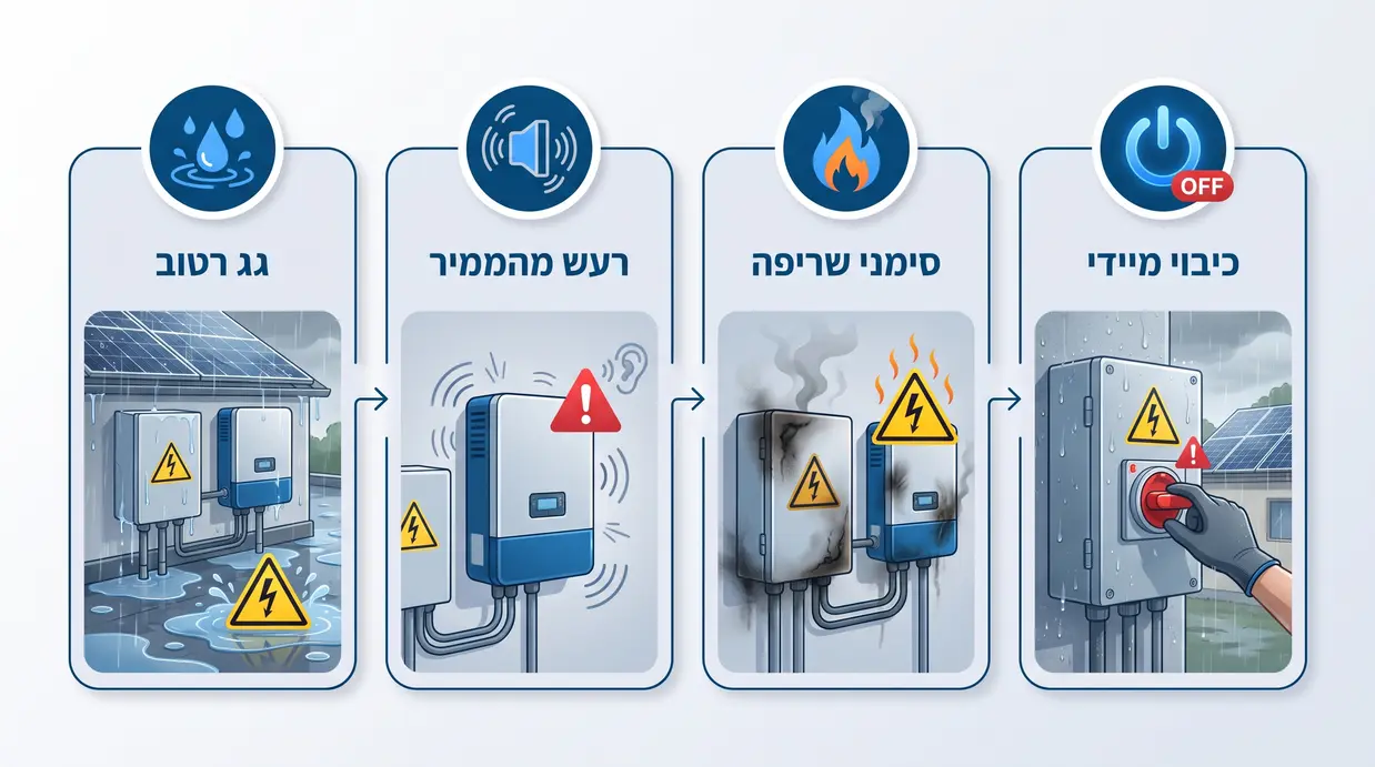 אינפוגרפיקה בעברית המדגישה מצבי סכנה במערכת סולארית שבהם חובה לכבות מיד