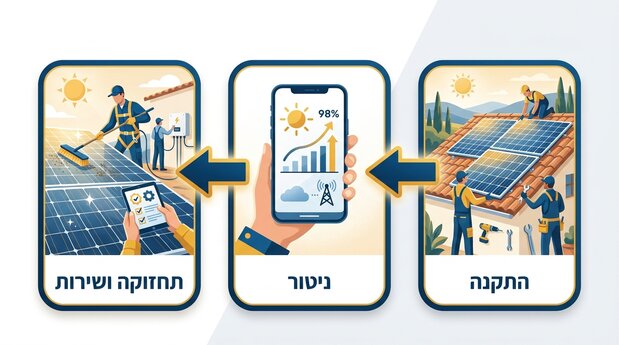תרשים תהליך בעברית מהתקנת מערכת סולארית ועד ניטור ותחזוקה שוטפת