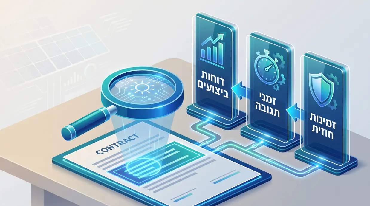 אינפוגרפיקה בעברית המדגישה זמינות חוזית, זמני תגובה ודוחות ביצועים בחוזה SLA סולארי