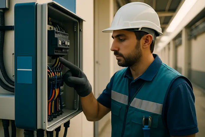 טכנאי מצביע על רכיב בארון חשמל פתוח של מערכת סולארית מסחרית