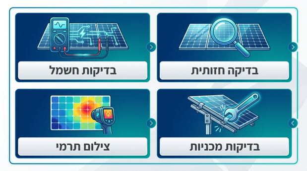 אינפוגרפיקה הממחישה סוגי בדיקות למערכת סולארית כולל צילום תרמי ונקודות חמות
