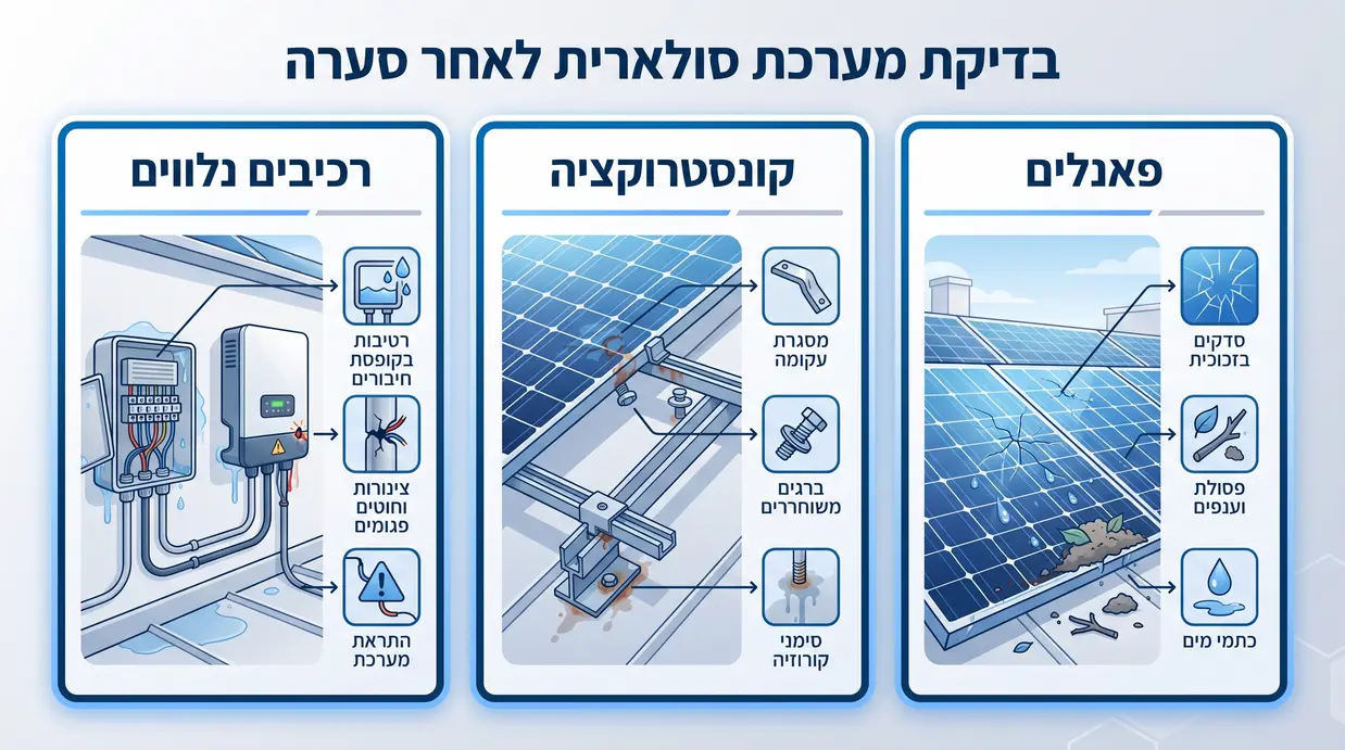 אינפוגרפיקה בעברית המציגה צ'ק-ליסט לבדיקה ויזואלית של פאנלים, קונסטרוקציה ורכיבים נלווים לאחר סערה